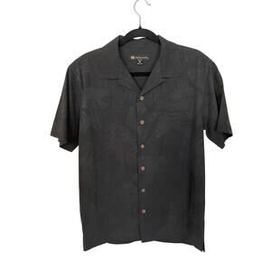 Duke Kahanamoku 100% Silk Medium Mens Button Up Polo Short Sleeve Black Leaf
